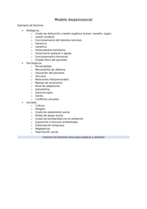 Definición acerca del modelo biopsicosocial. - Modelo biopsicosocial  Ejemplos de factores  - Studocu