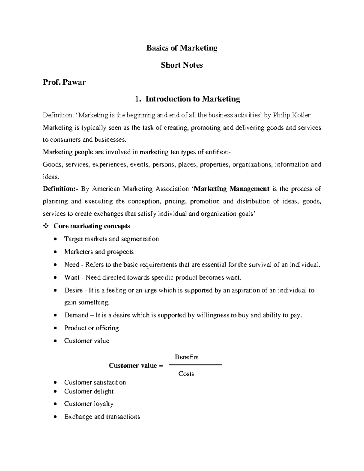 Basics of Marketing Pawar Sir Notes - Basics of Marketing Short Notes ...