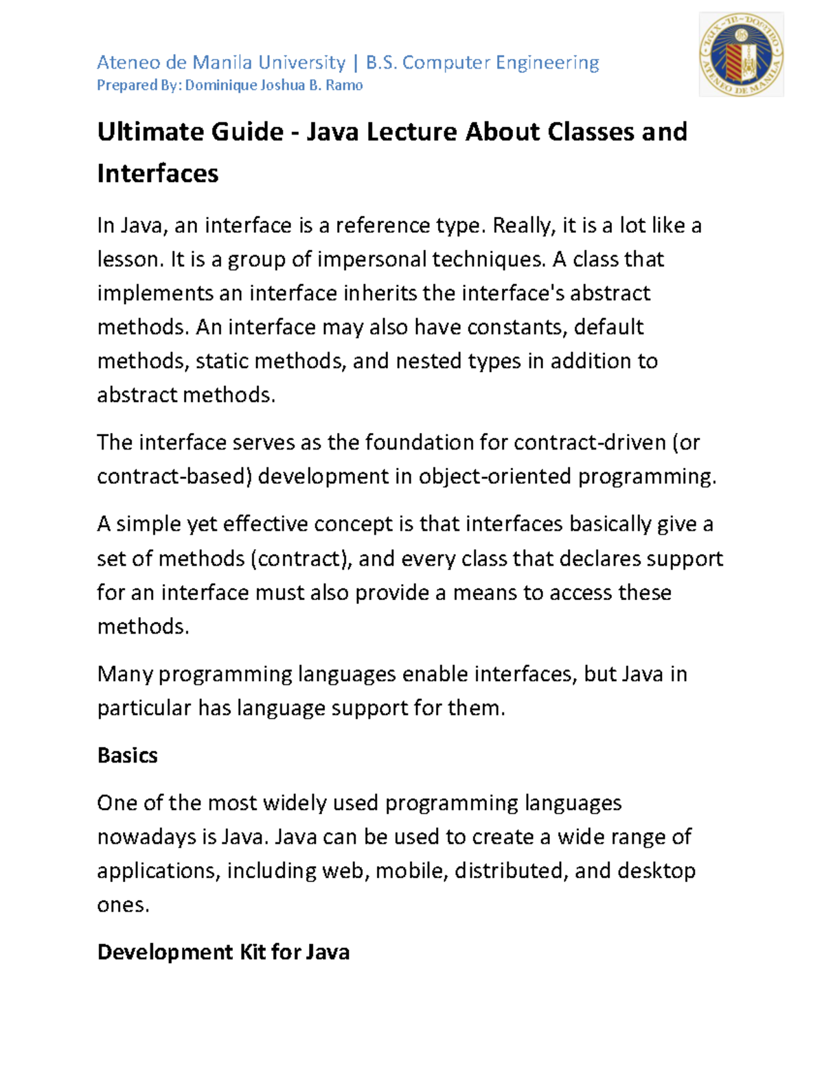 Study Guide - Java Lecture About Classes and Interfaces - Prepared By ...