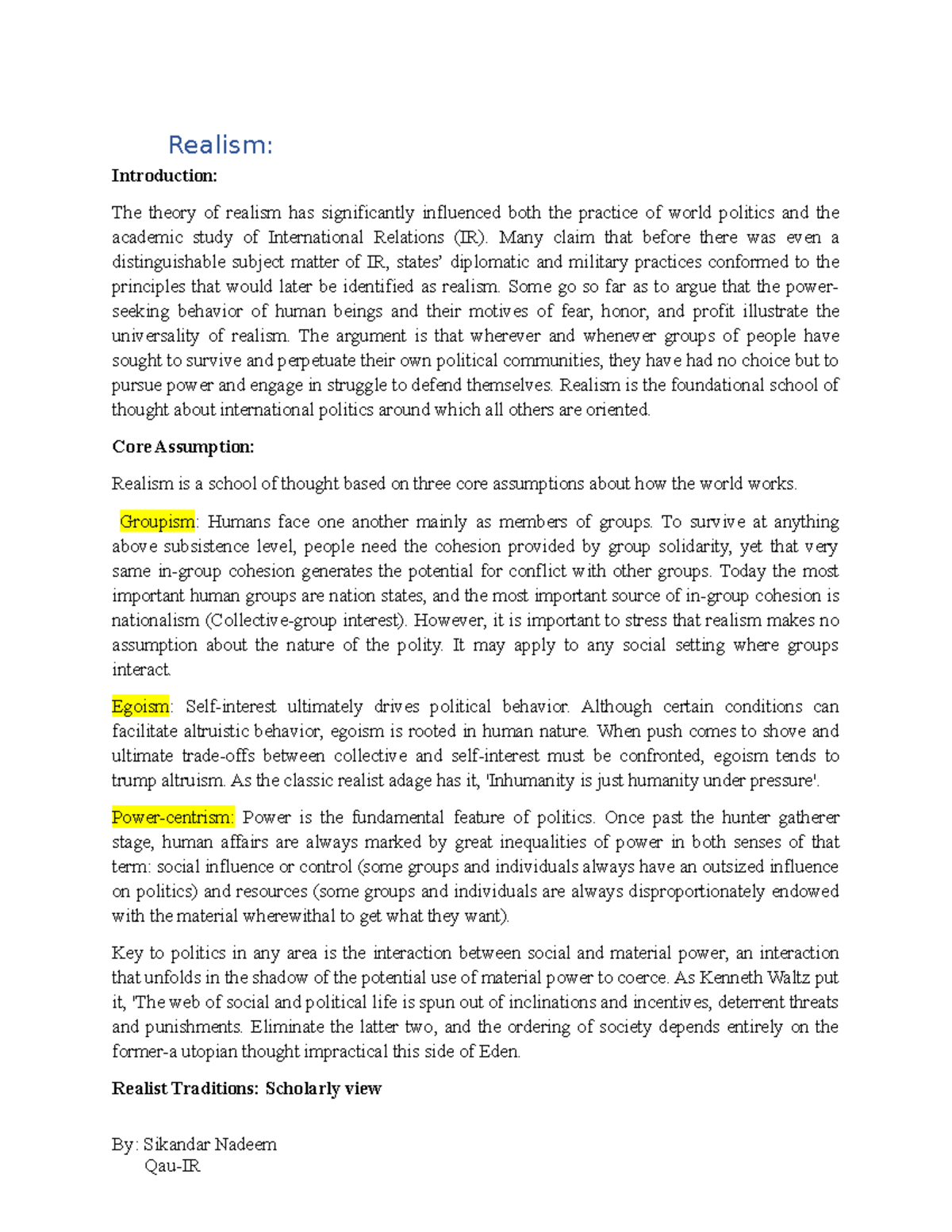 Realism Traditional IR theory Realism Introduction The theory of