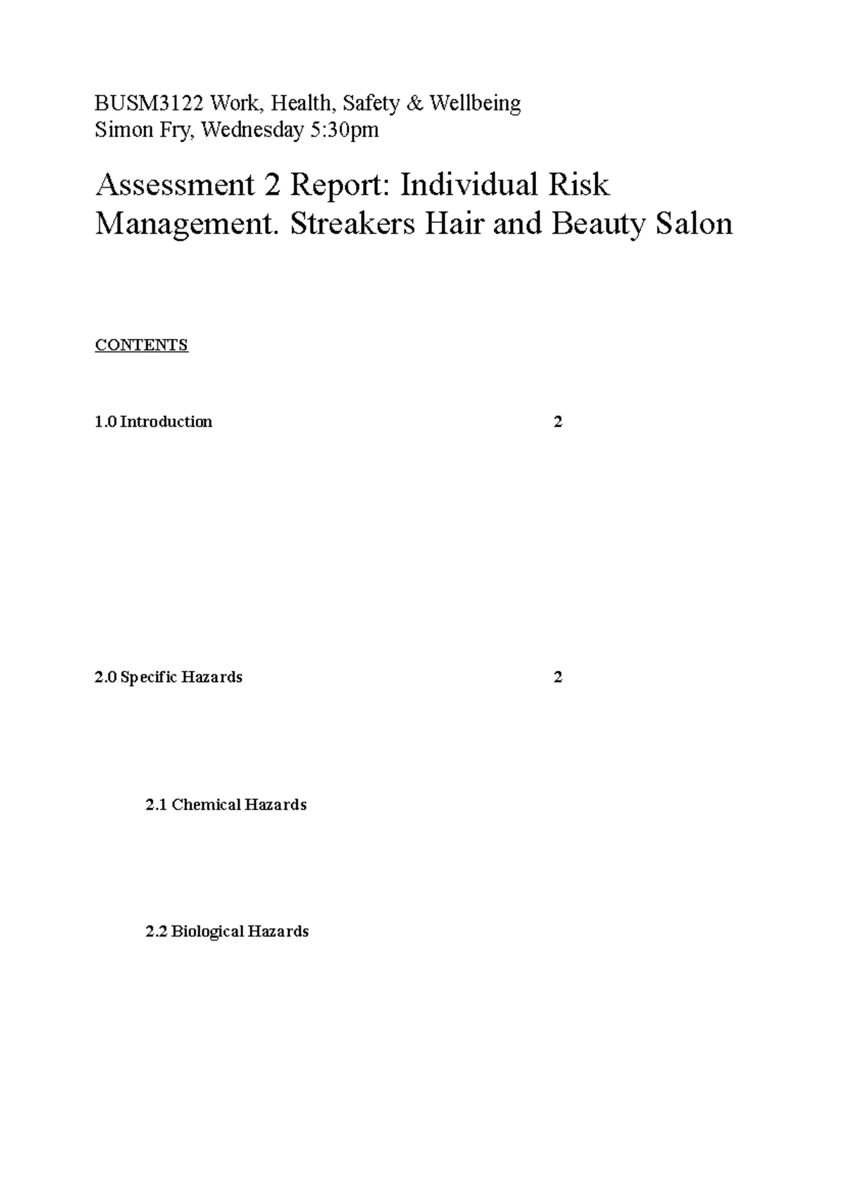 WHS A2 - Assessment 2 Report: Individual Risk Management. Streakers ...