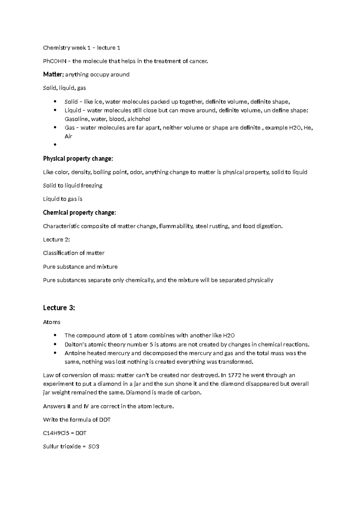 Chemistry weeks lecture notes from class - Chemistry week 1 – lecture 1 ...