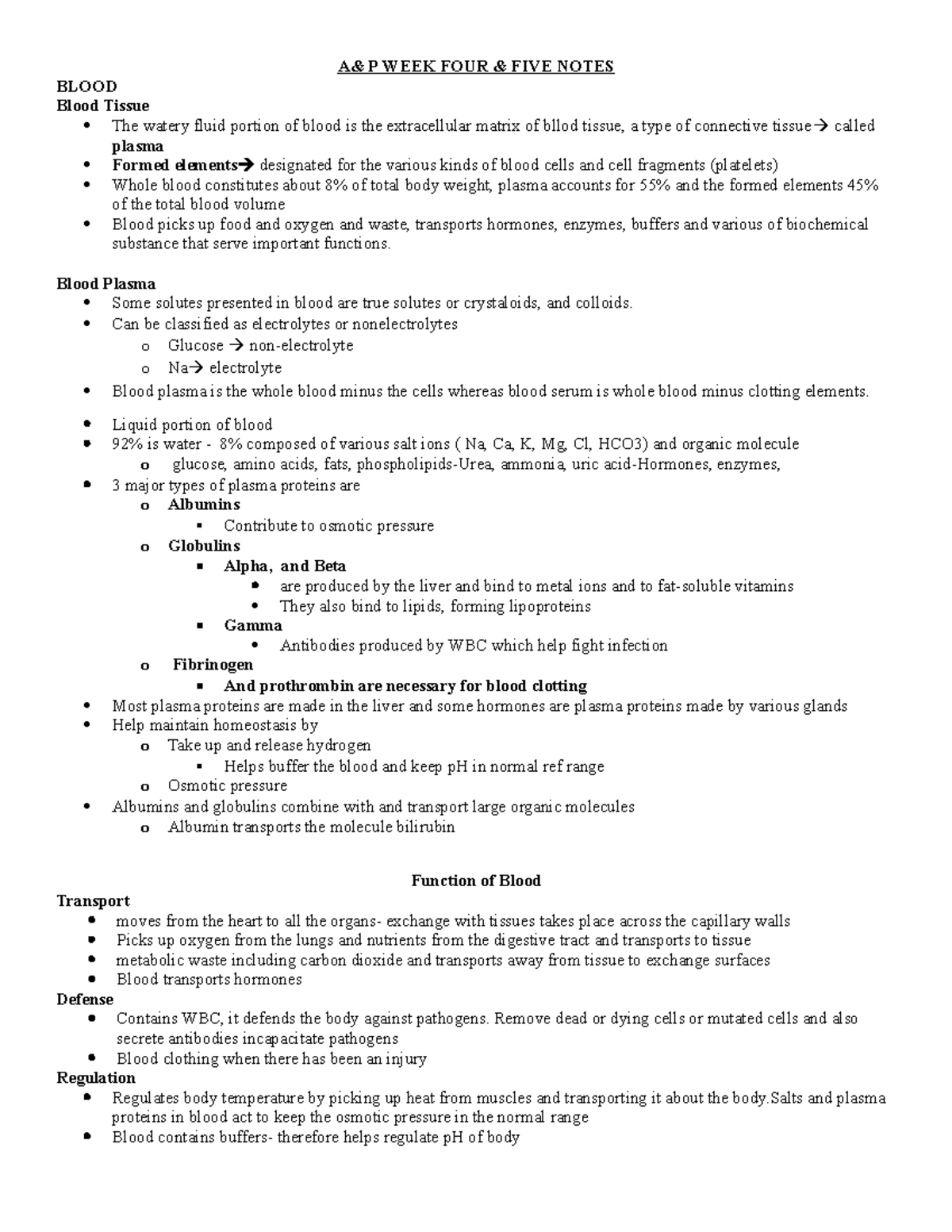 Week 4 and 5 personal notes for blood and cardio - A& P WEEK FOUR ...