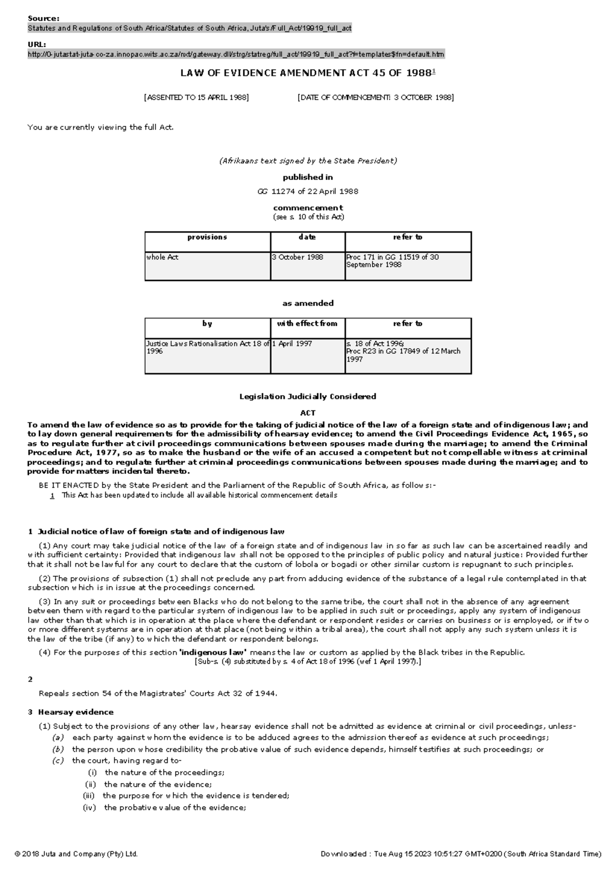 LAW OF Evidence Amendment ACT 45 OF 1988 Source Statutes and