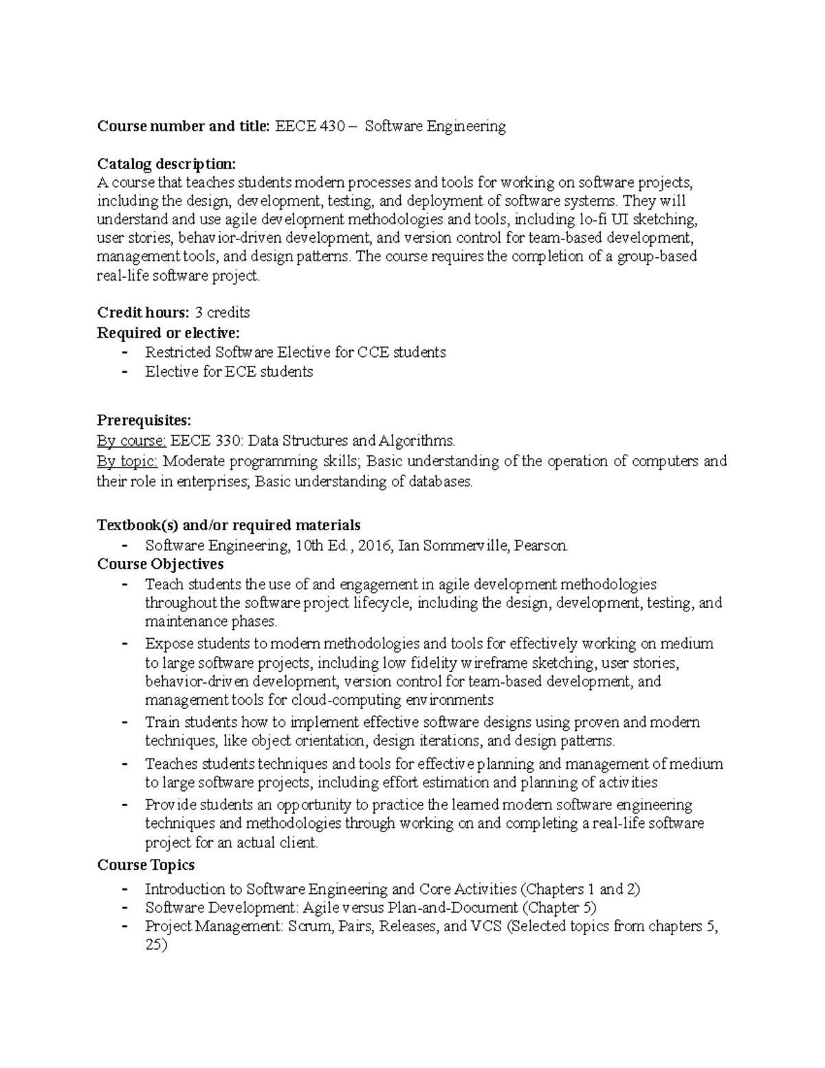 EECE430 Spring 2021 Syllabus - Course number and title: EECE 430 ...