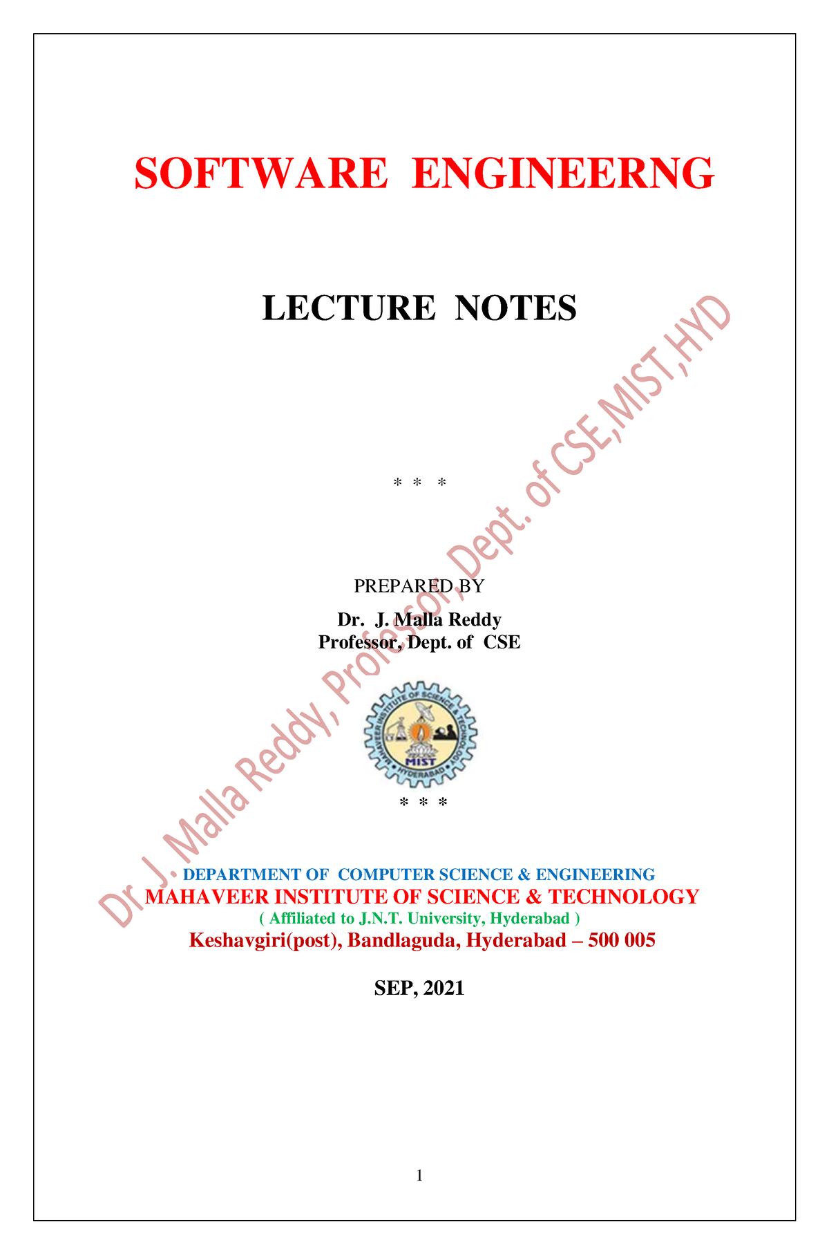 SE Notes UNIT I - SOFTWARE ENGINEERNG LECTURE NOTES * * * PREPARED BY ...