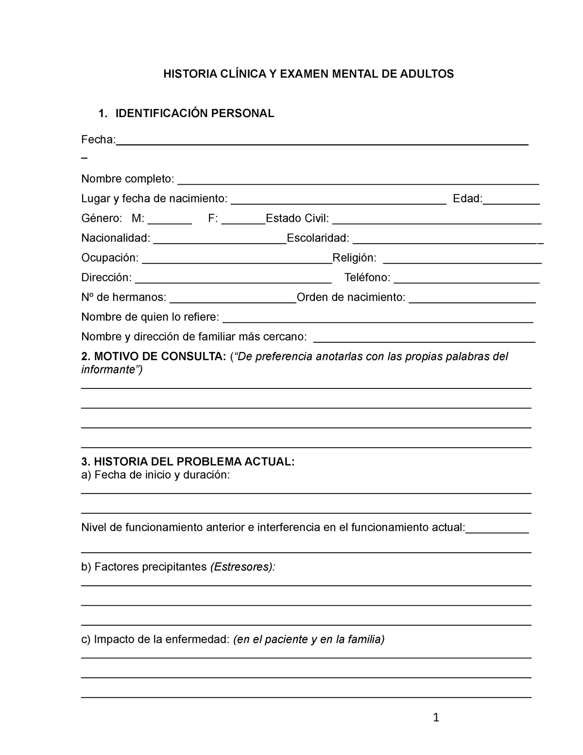 Ficha Clinica Oficial Adultos Historia ClÍnica Y Examen Mental De Adultos 1 IdentificaciÓn 9350