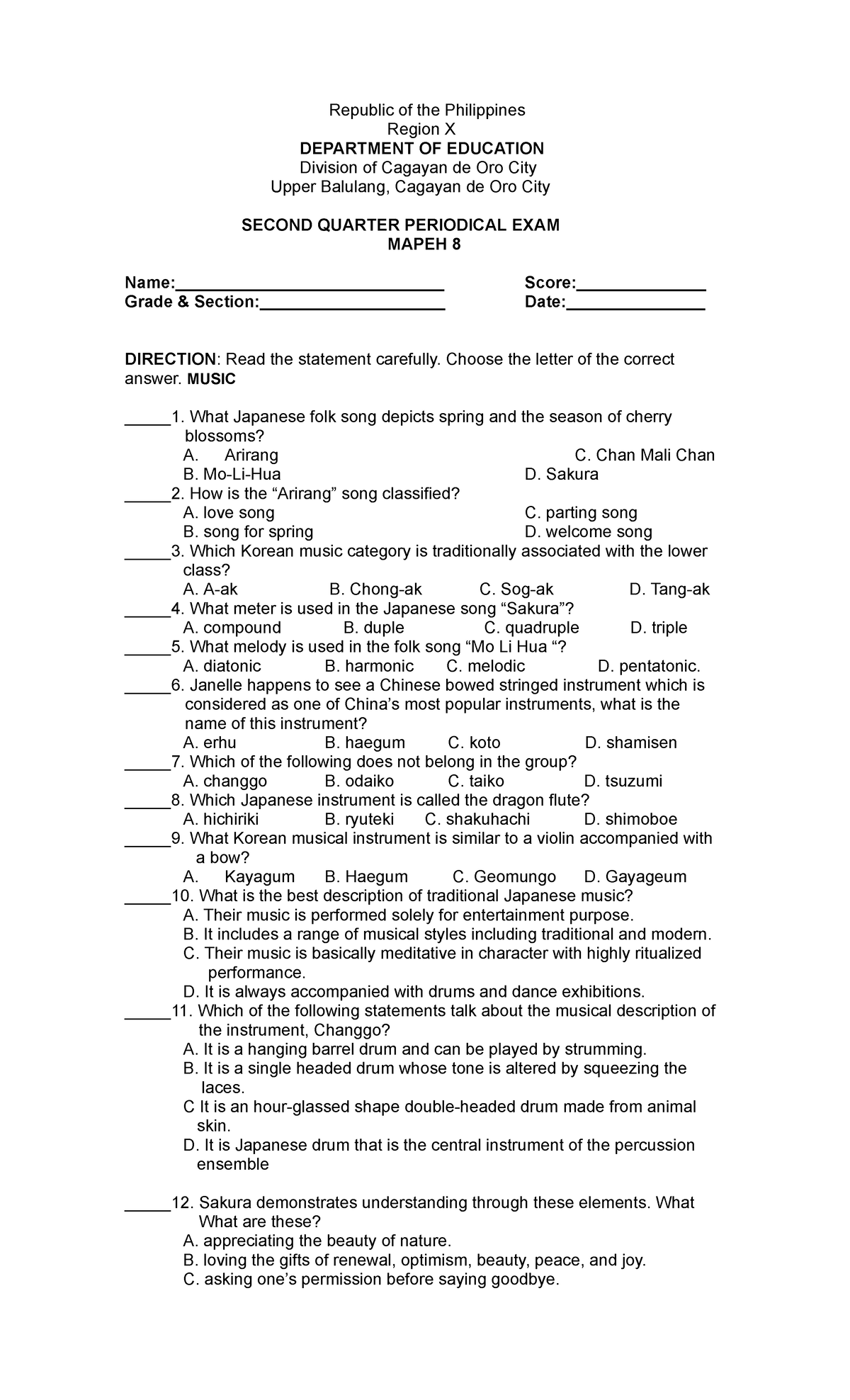 2Q Exam- Mapeh 8.docx - Exam - Republic Of The Philippines Region X ...