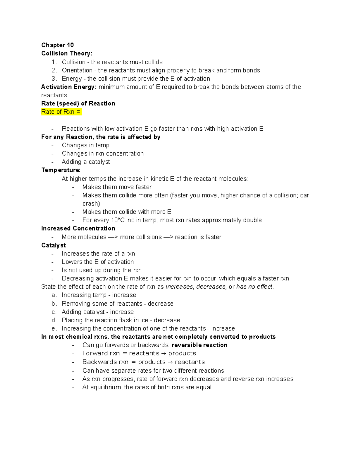 Chem Exam chpt. 10,11,12 Chapter 10 Collision Theory 1. Collision the reactants must