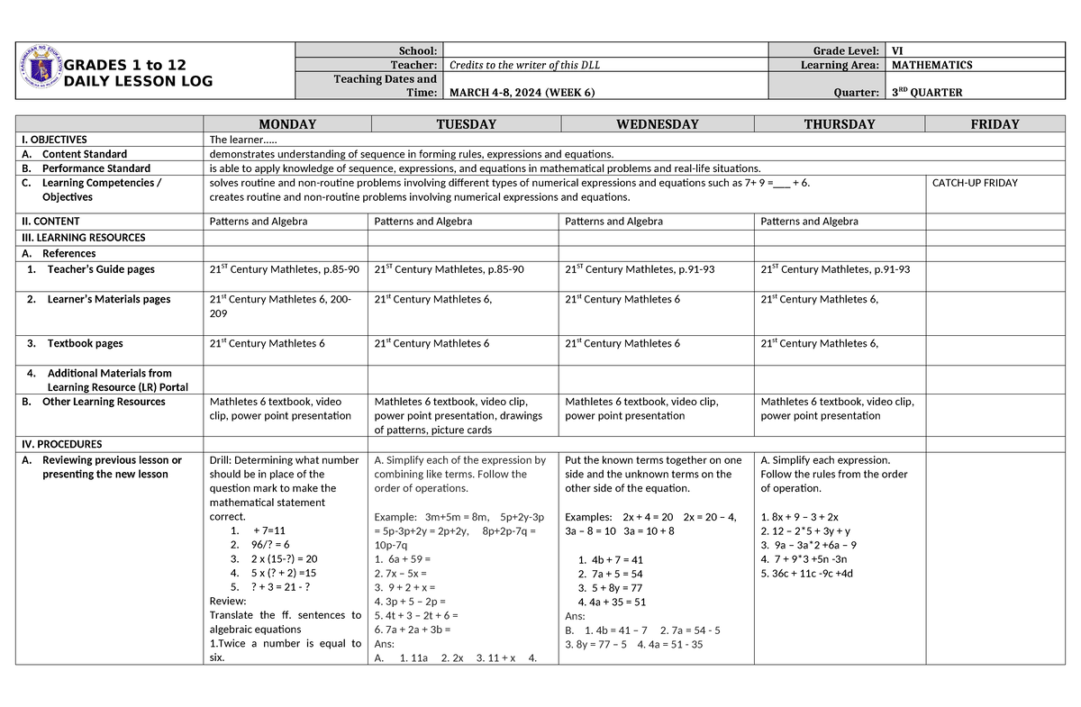 DLL Mathematics 6 Q3 W6-1 - GRADES 1 To 12 DAILY LESSON LOG School ...