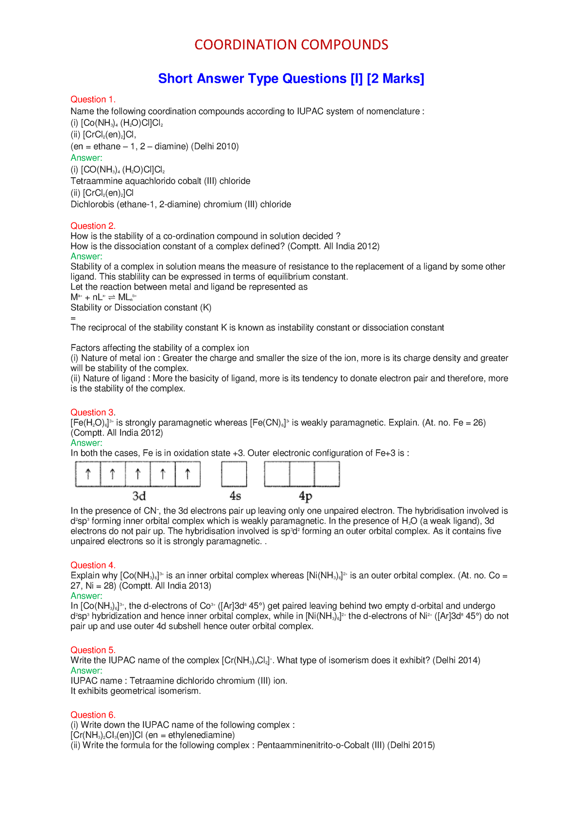 E- Questions (2)-1 - coordination compounds - Short Answer Type ...