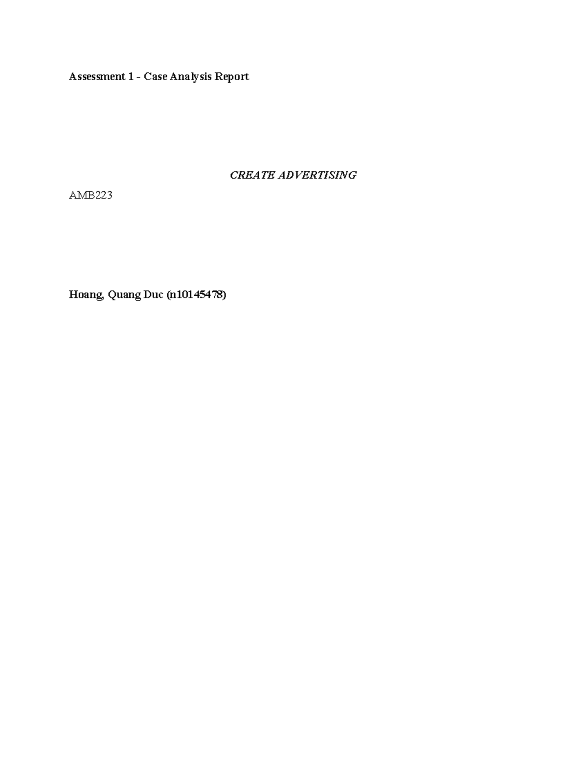 AMB223 final a1 - Assessment 1 - Case Analysis Report CREATE ...
