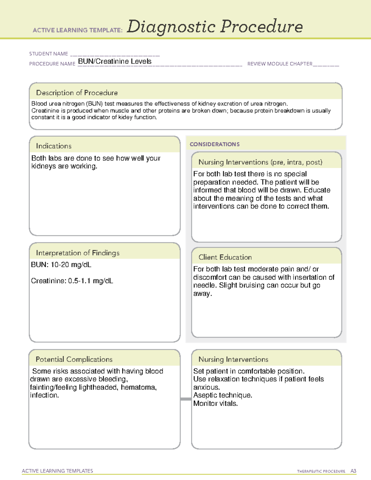 BUN - ATI template - ACTIVE LEARNING TEMPLATES THERAPEUTIC PROCEDURE A 