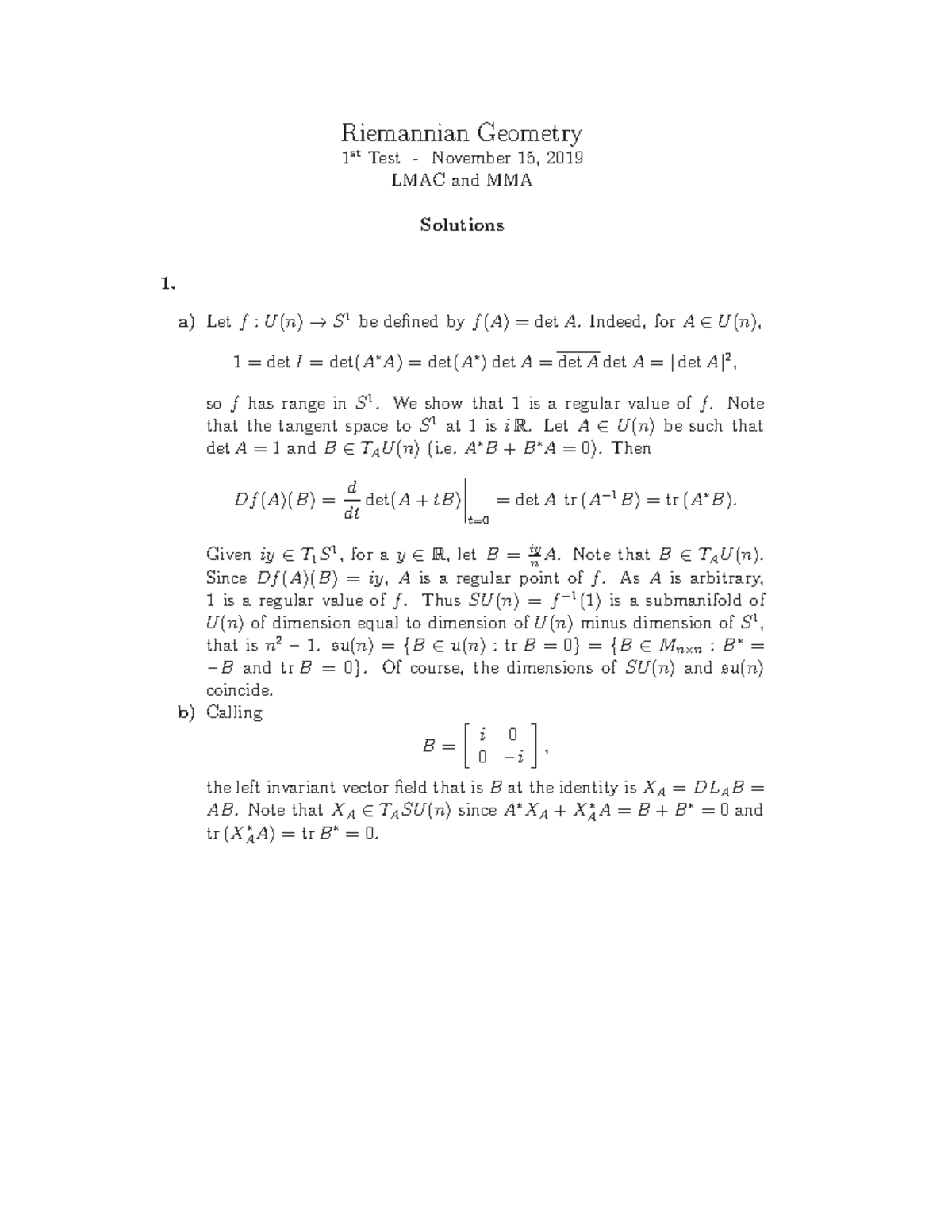 Geometria Riemanniana Teste 1R 1911 - Riemannian Geometry 1 stTest ...