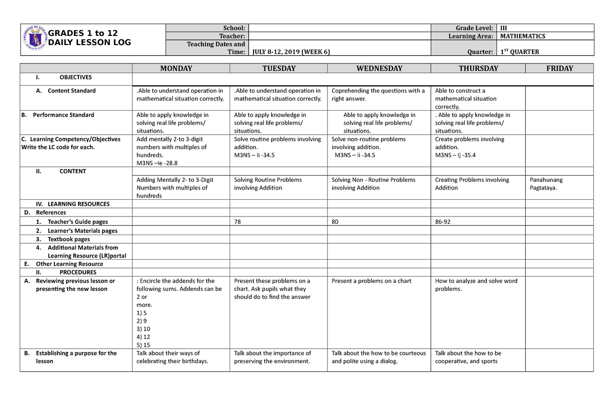 Dll Mathematics 3 Q1 W6 Good Grades 1 To 12 Daily Lesson Log School Grade Level Iii 2627