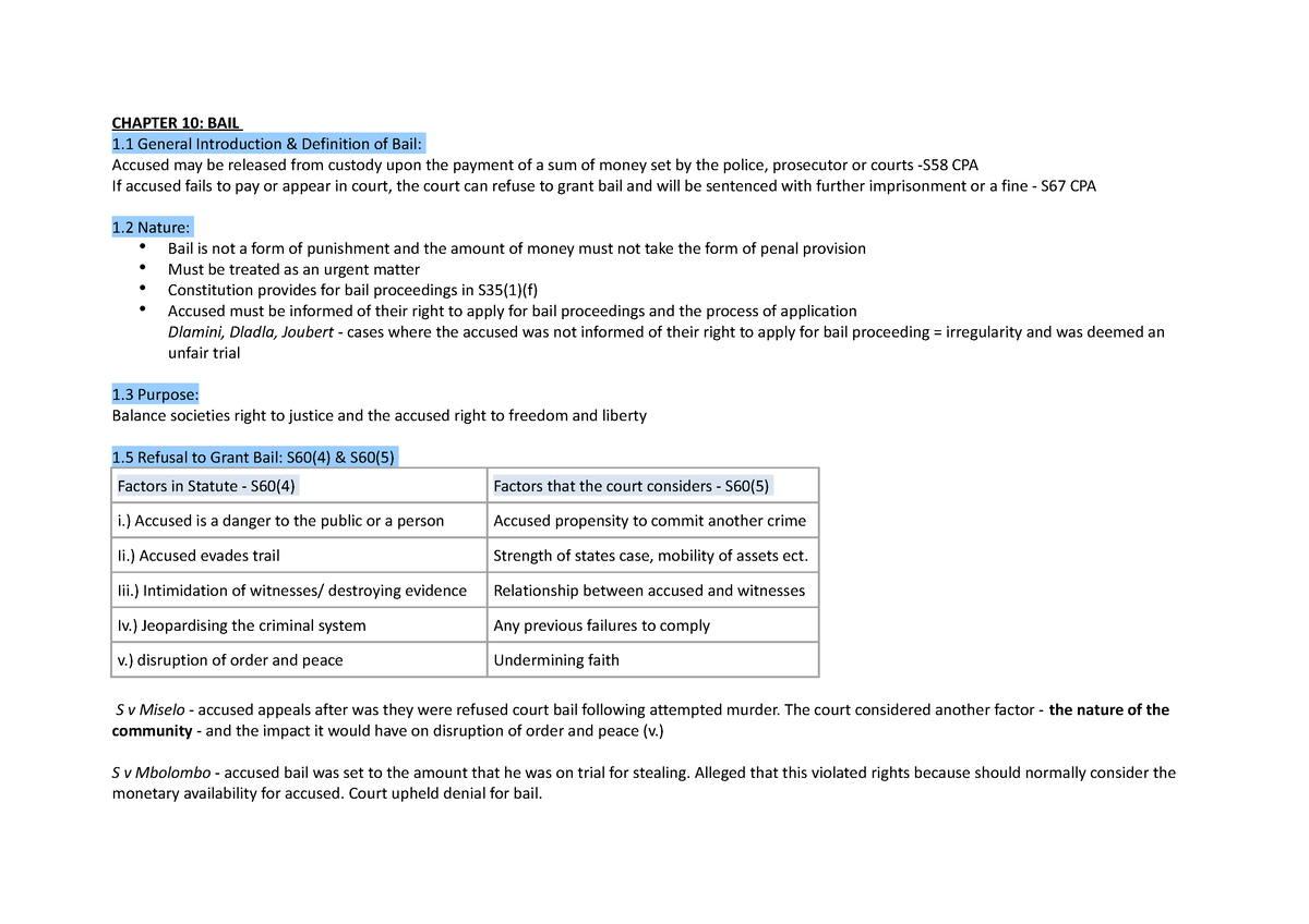 Revision - Crim Proc Notes - CHAPTER 10: BAIL 1 General Introduction ...