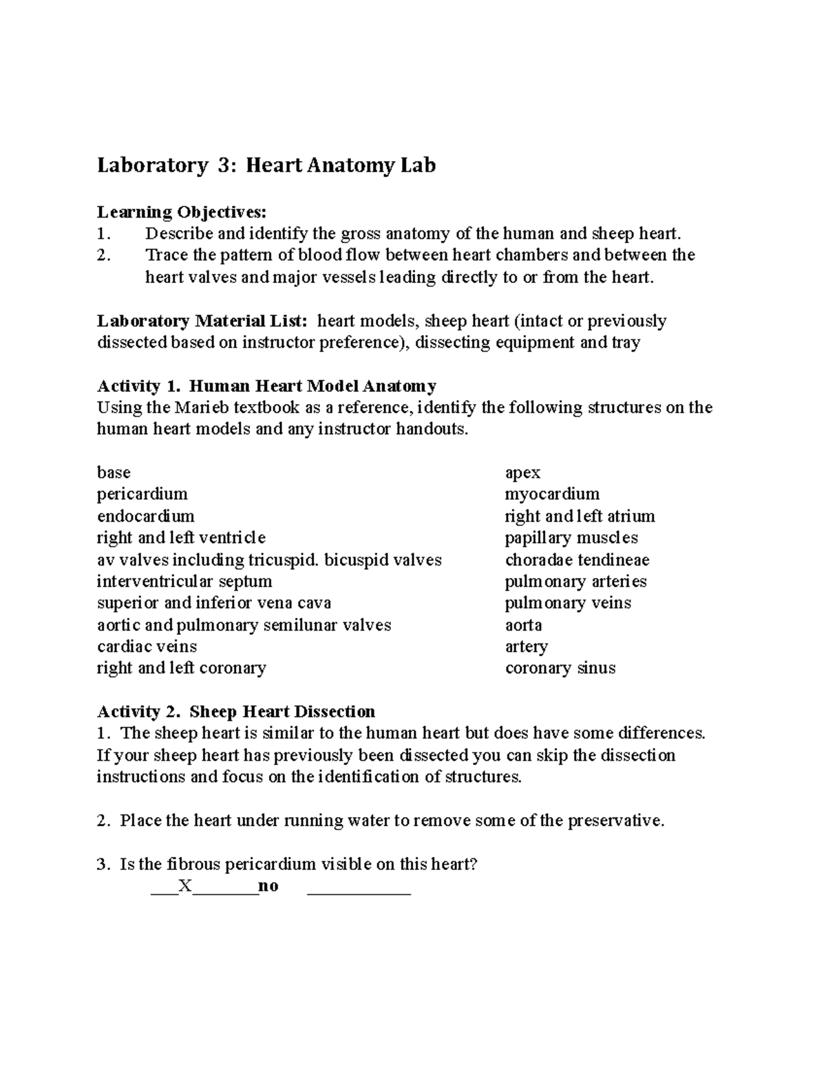Bio 106 Lab 3 Heart Anatomy Laboratory 3 Heart Anatomy Lab Learning