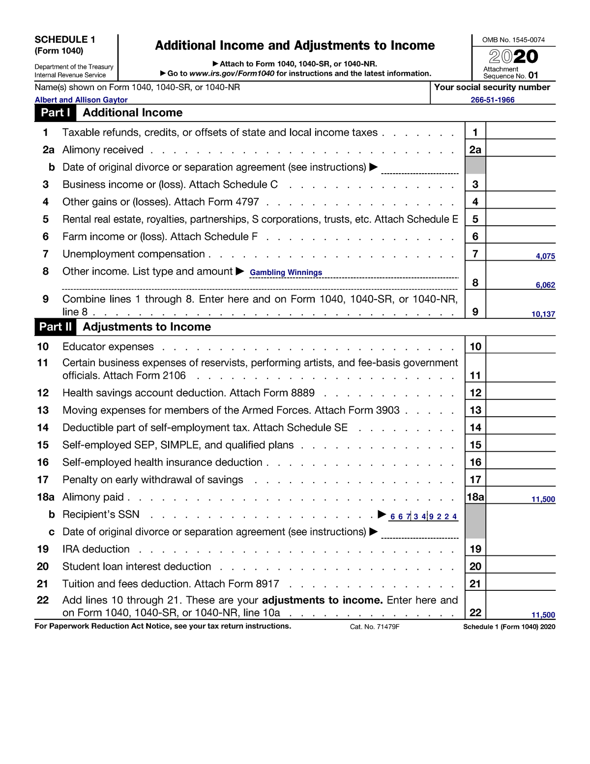 Albert W2 Schedule 1 SCHEDULE 1 (Form 1040) Department of the