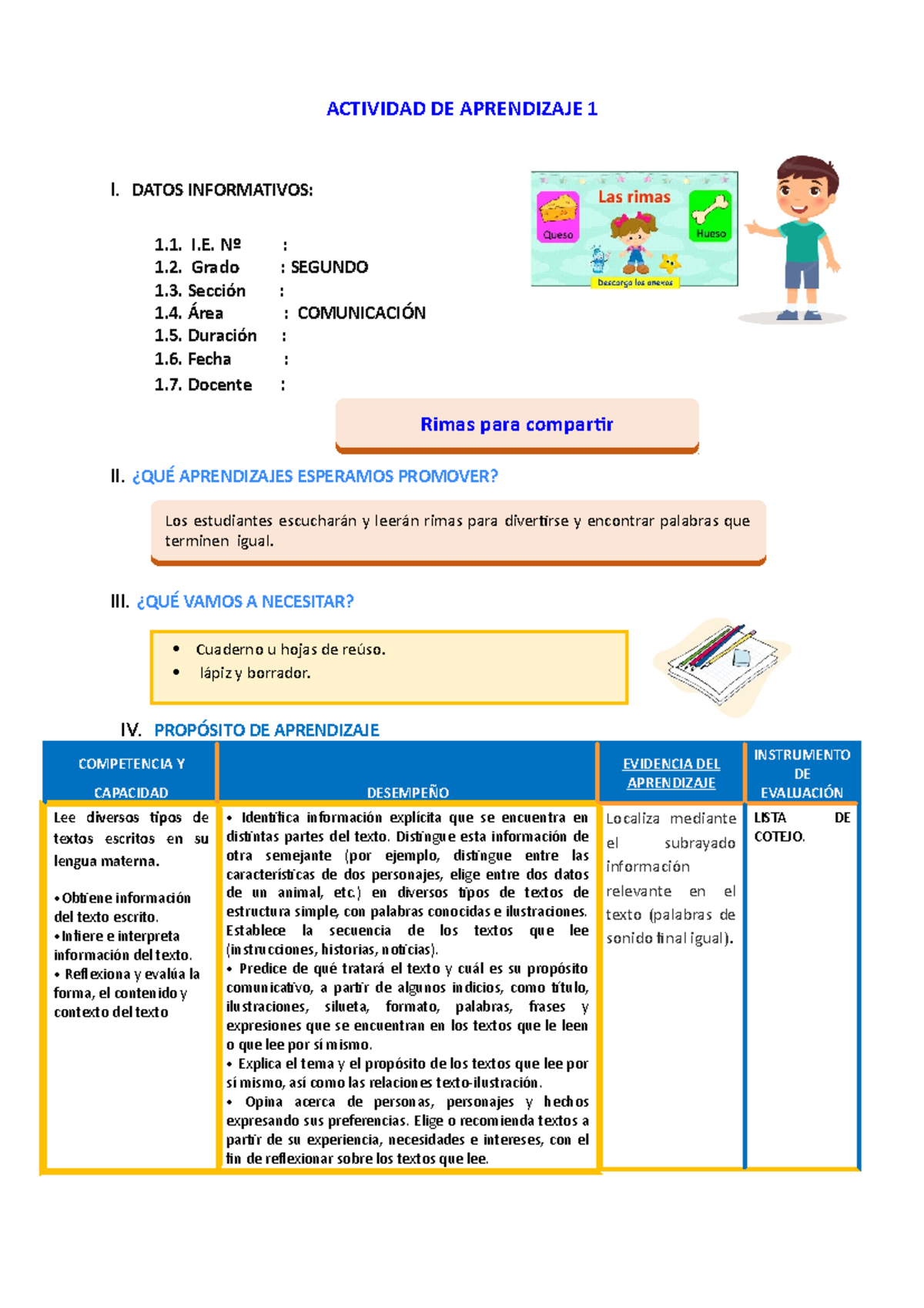 D1 A1 Sesion COM. Rimas Para Compartir - ACTIVIDAD DE APRENDIZAJE 1 I ...