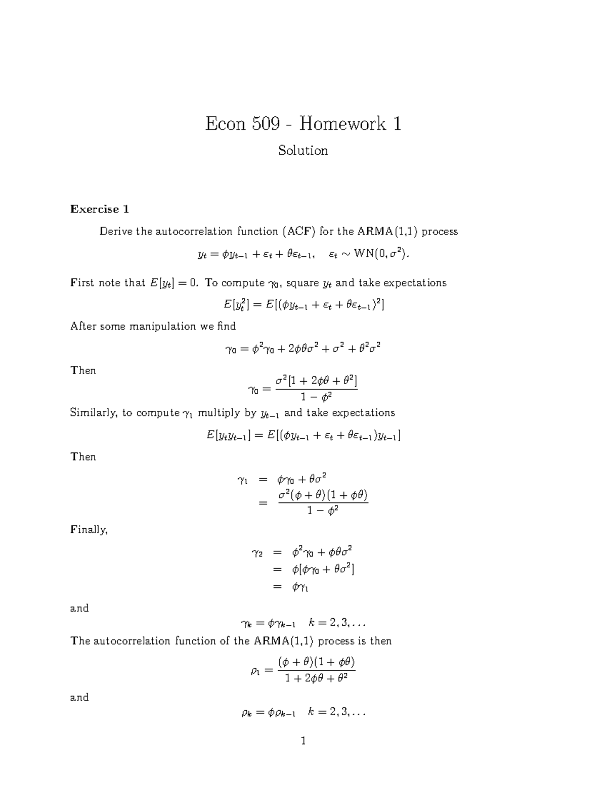 Hw1 Solution Econ 509 Homework 1 Solution Exercise 1 Derive The Autocorrelation Function 8739