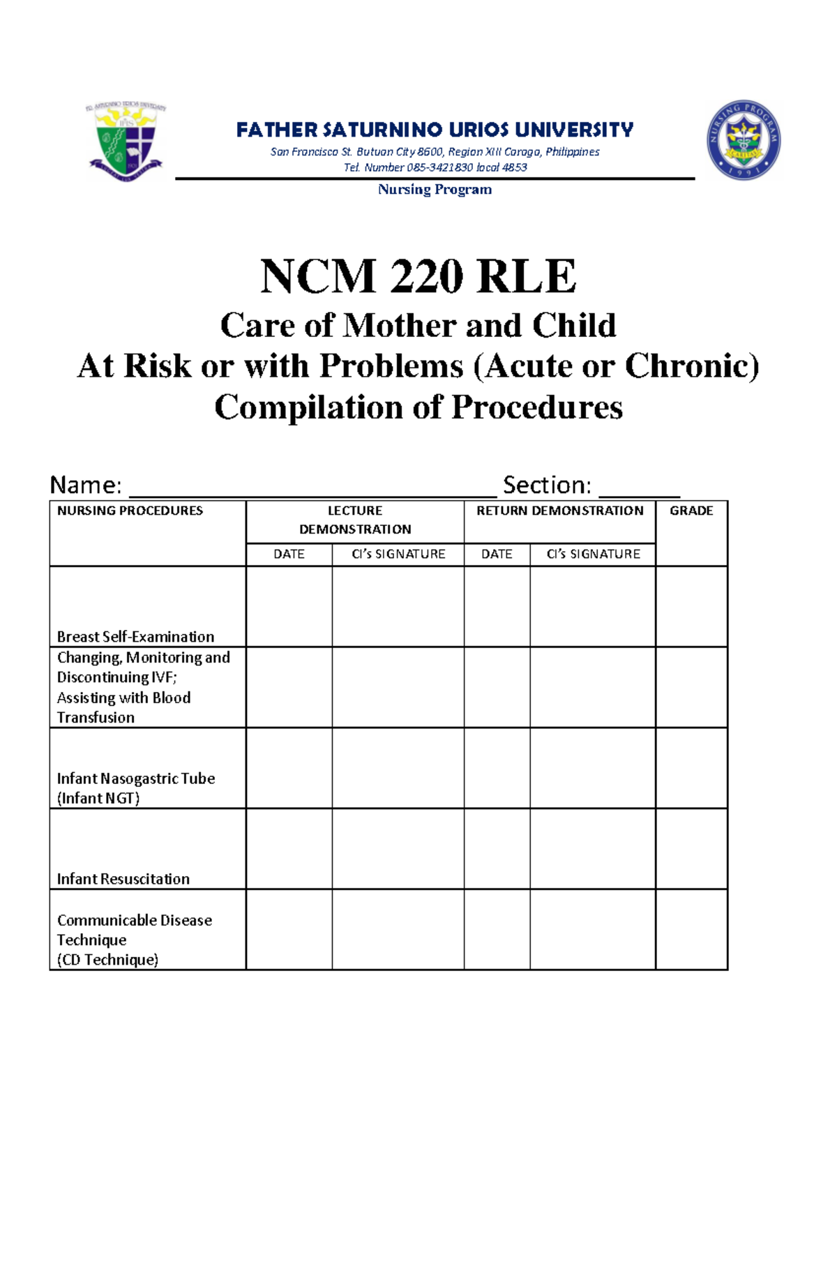 NCM 220 Procedural Checklist - FATHER SATURNINO URIOS UNIVERSITY San ...