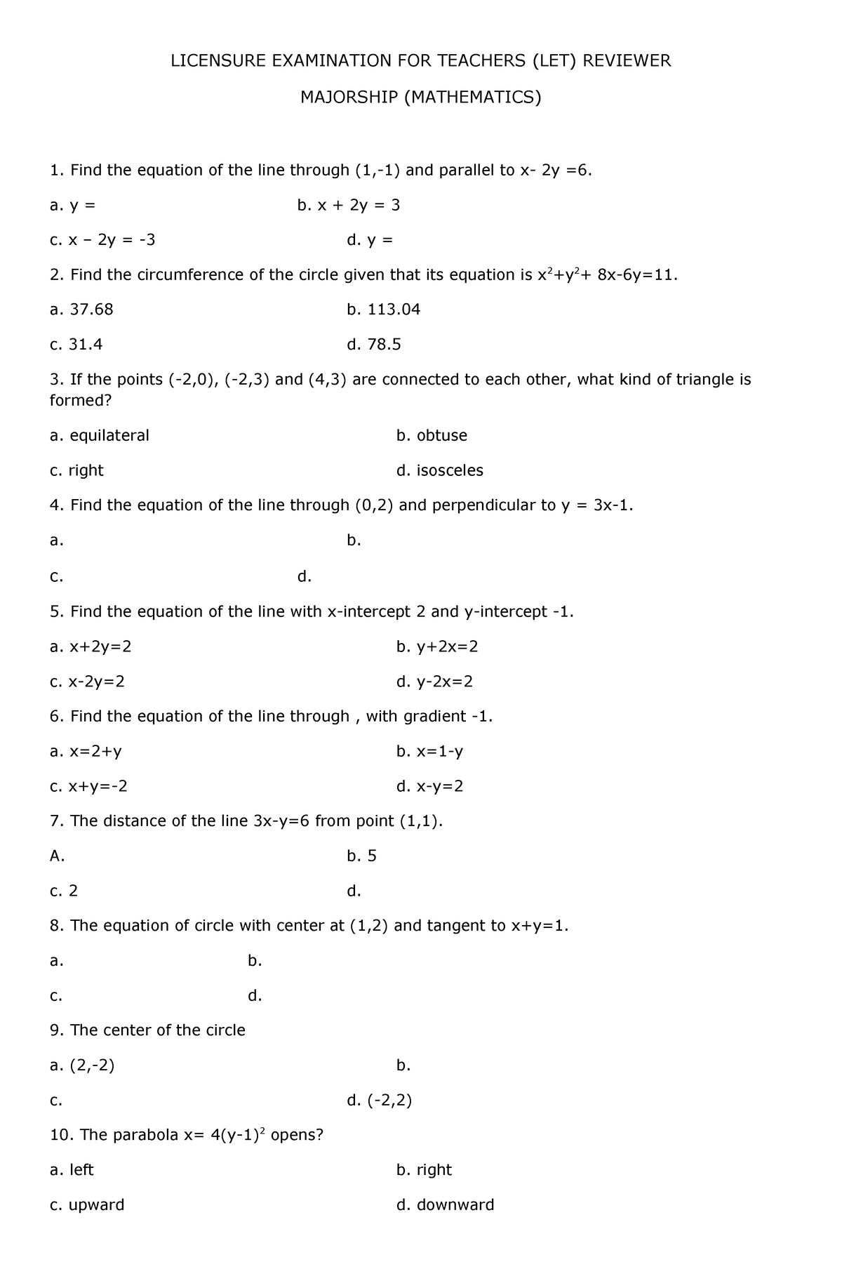 Let reviewer math - LICENSURE EXAMINATION FOR TEACHERS (LET) REVIEWER ...