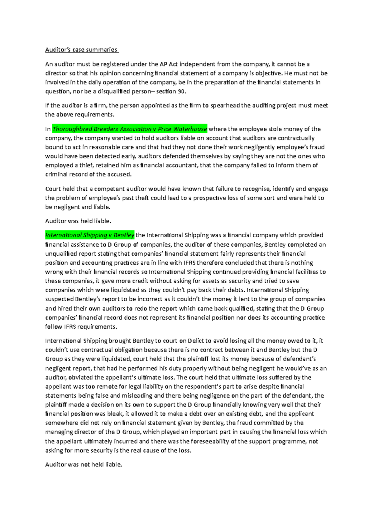 Auditor case summaries - Auditor’s case summaries An auditor must be ...