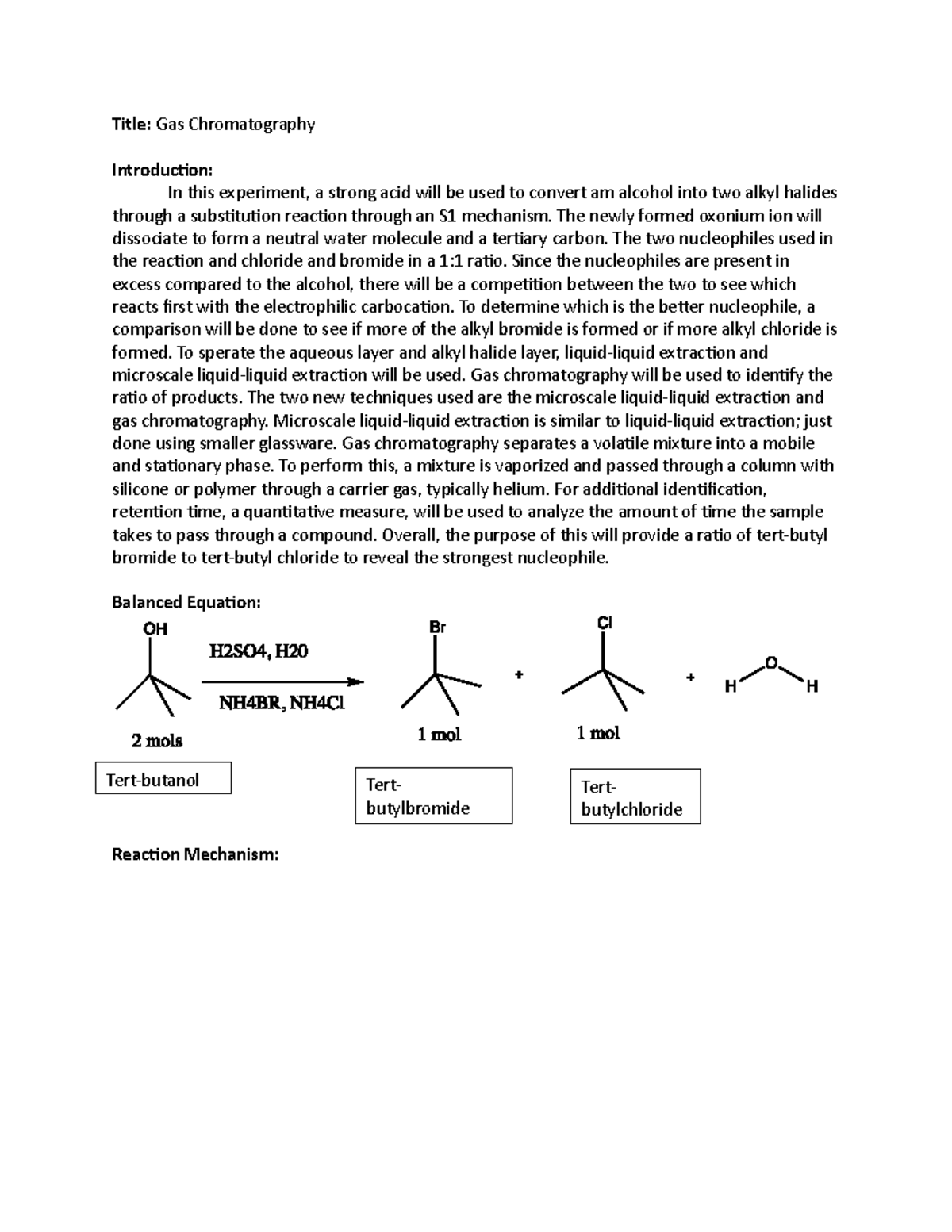 Lab 9 Gas chromatography Title Gas Chromatography Introduction In