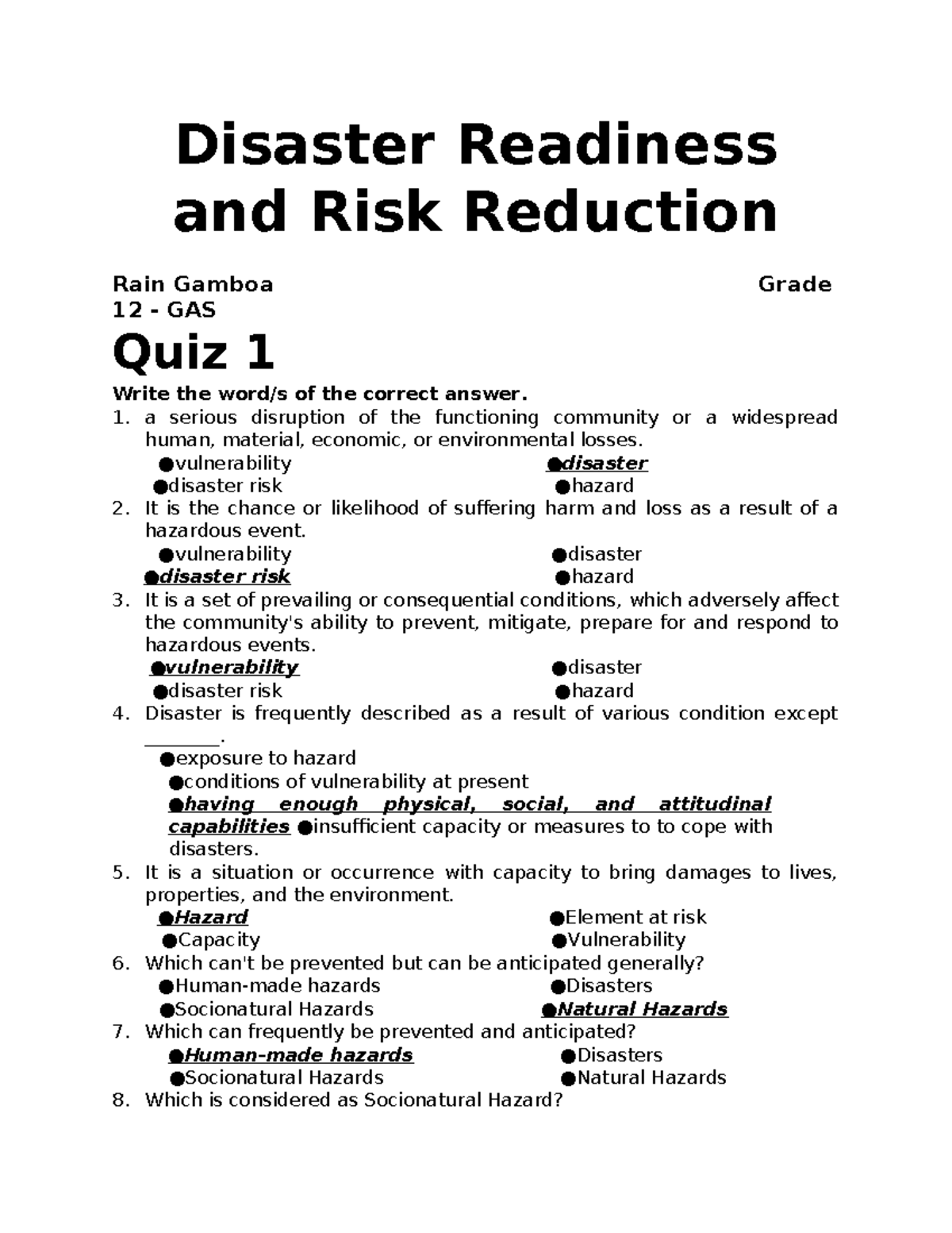 501178117 QUIZ 1 Disaster Readiness and Risk Reduction - Disaster ...