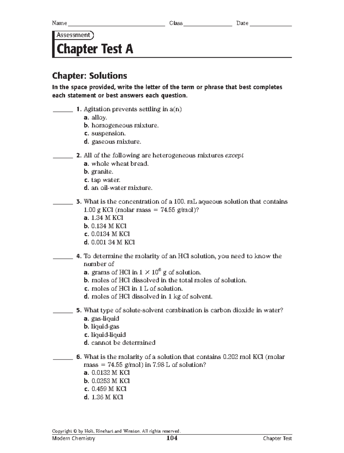 Solutions Review A - chemkistry - Copyright © by Holt, Rinehart and ...