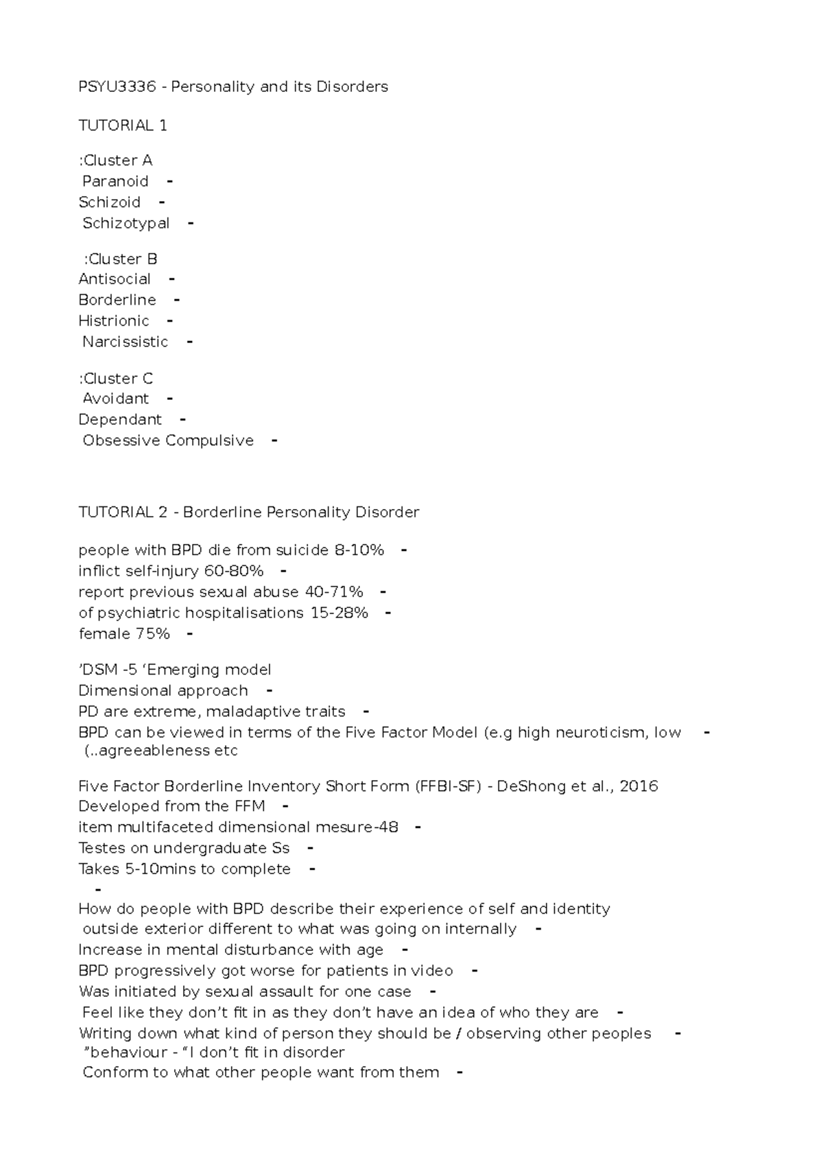 3336 Tutorial ONE Notes - Notes On Personality Disorders - PSYU3336 ...