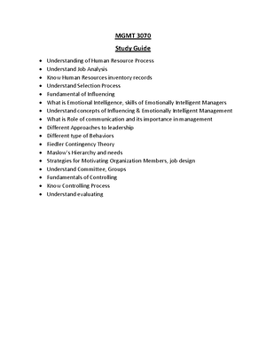 MGMT 3070 Study Guide - MGMT 3070 Study Guide 1. 2. 3. 4. Understanding ...