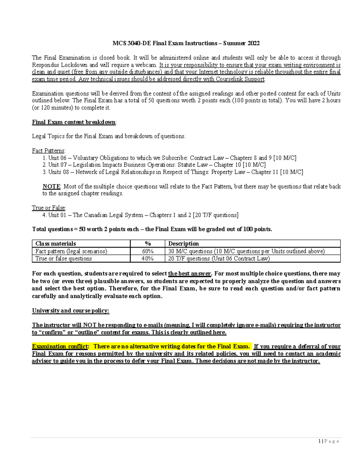 Final exam instructions MCS*3040 1 P a g e MCS 3040DE Final Exam