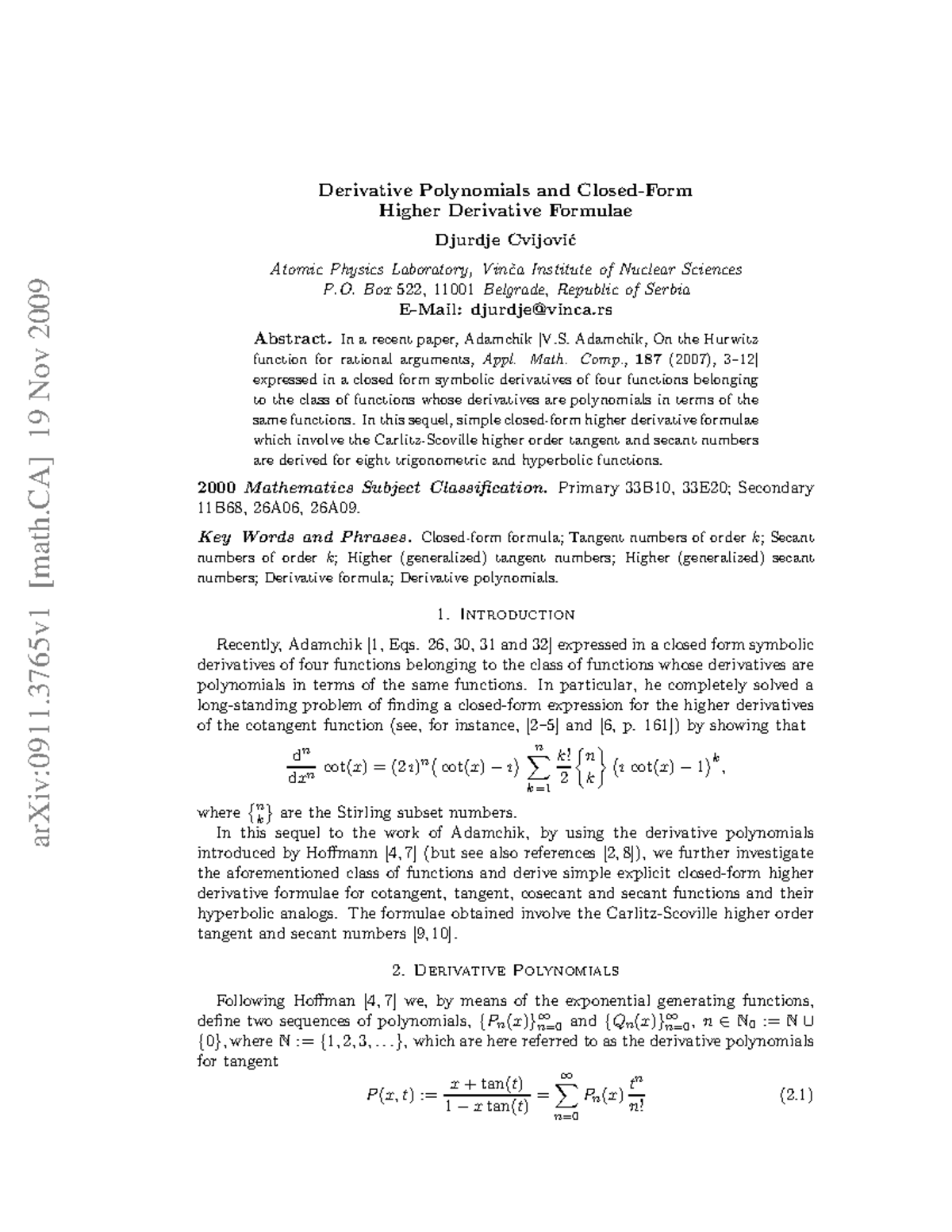 0911 - Cours - arXiv:0911 [math] 19 Nov 2009 Derivative Polynomials and ...