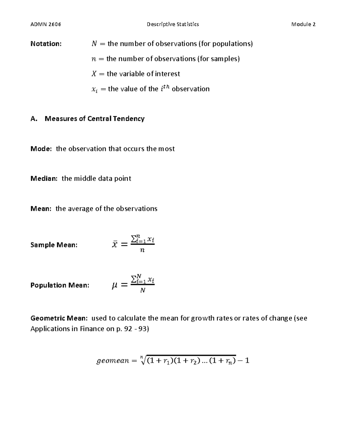 Handout - Descriptive Statistics - Notation: 𝑁 = the number of ...
