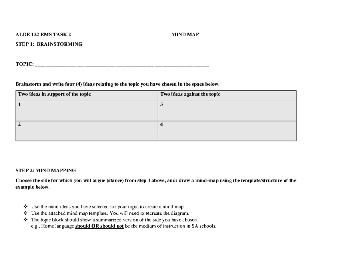 Task 2 instructions +rubric - ALDE 122 EMS TASK 2 MIND MAP STEP 1 ...