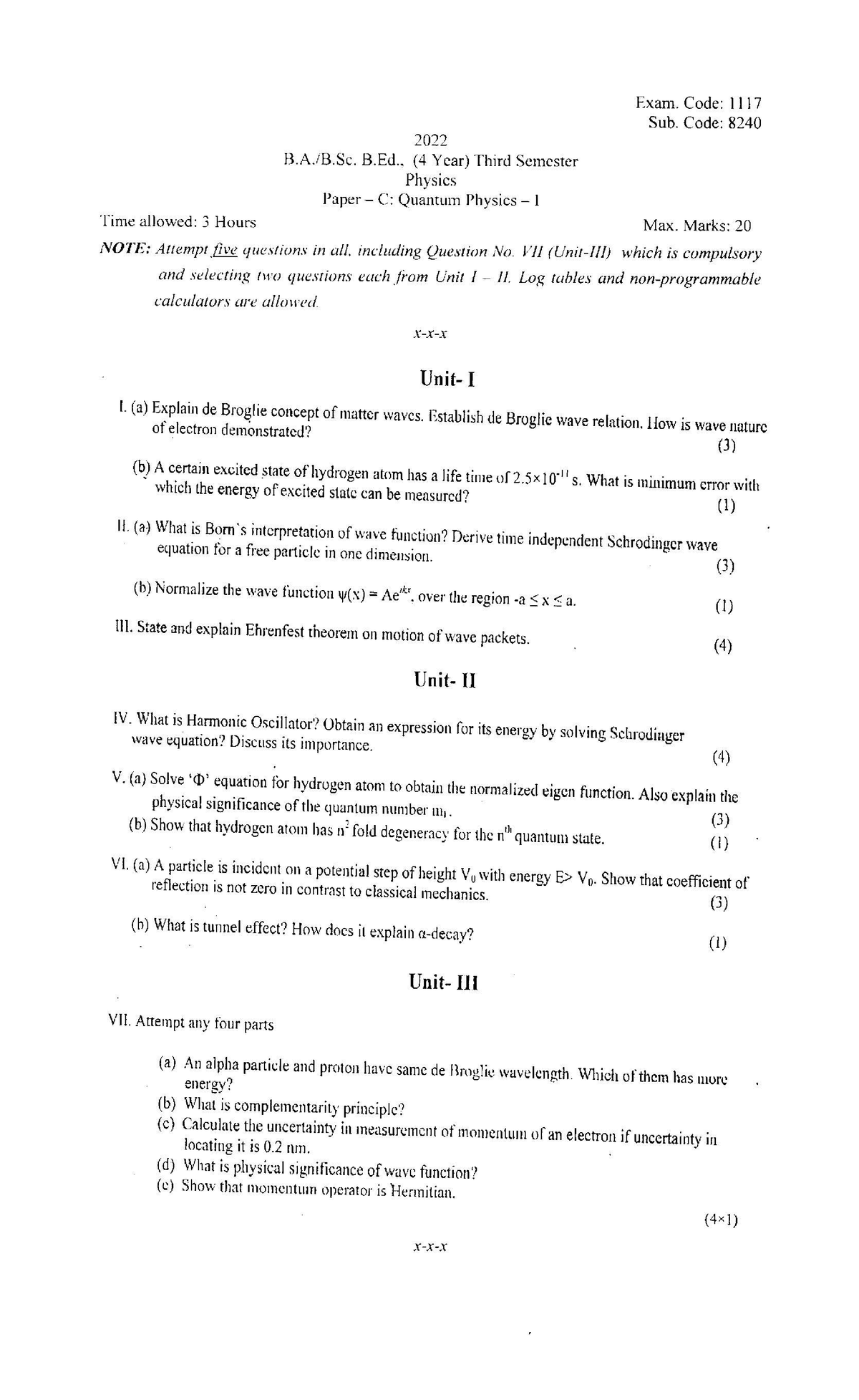 8240 - Semester 1 Bsc B.Ed Panjab University Question paper - Bachelor ...