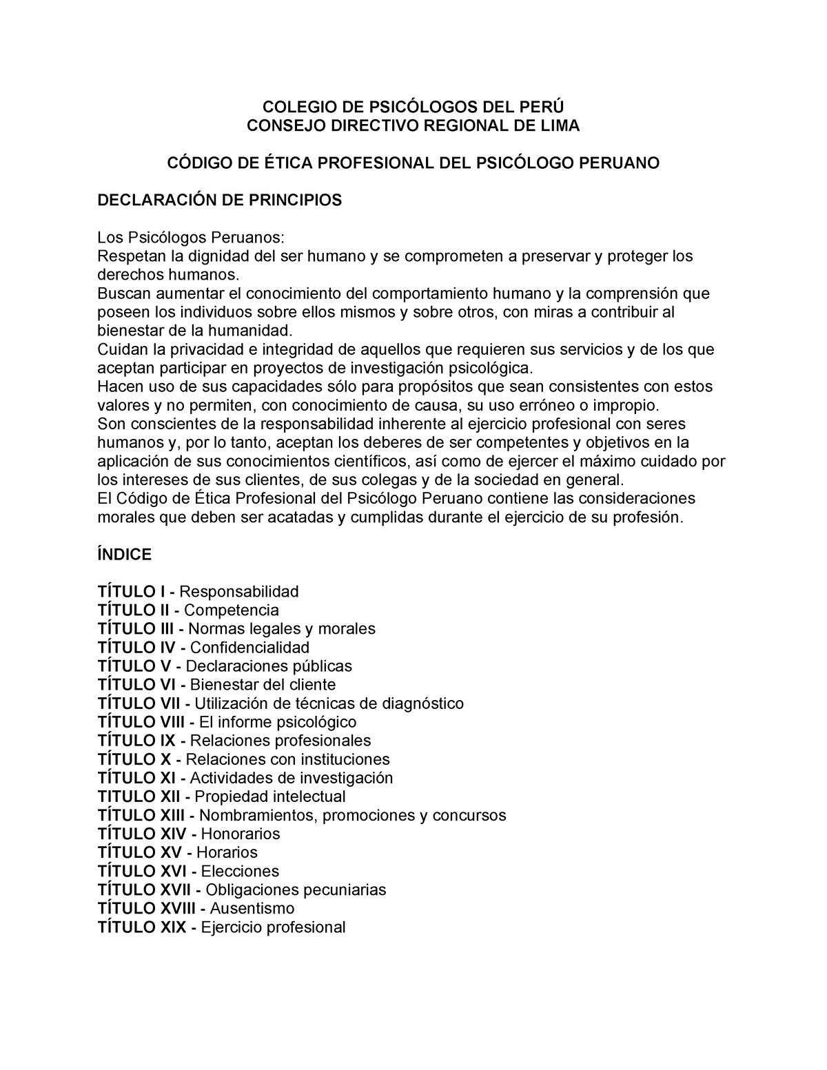 Código Ética Psicologos Peru Colegio De PsicÓlogos Del PerÚ Consejo Directivo Regional De Lima 8535