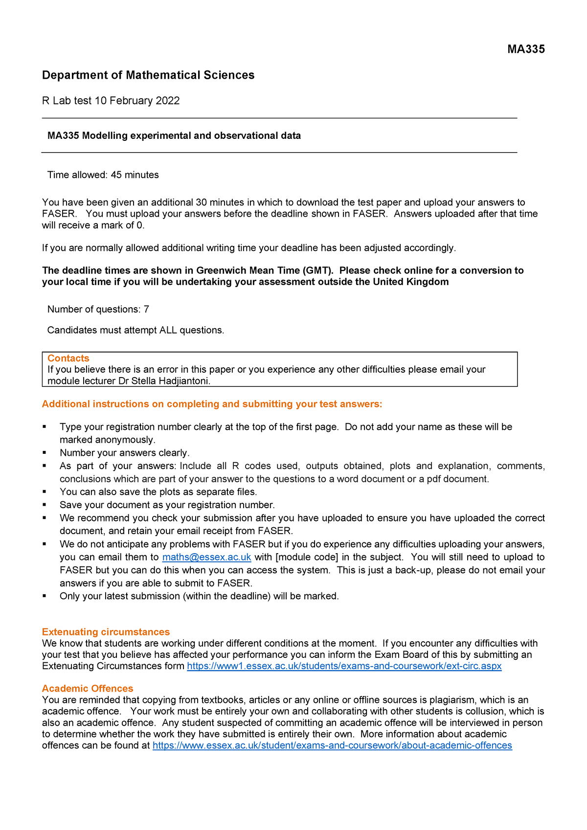 MA335- Modelling experimental and observational data Class Test - MA ...