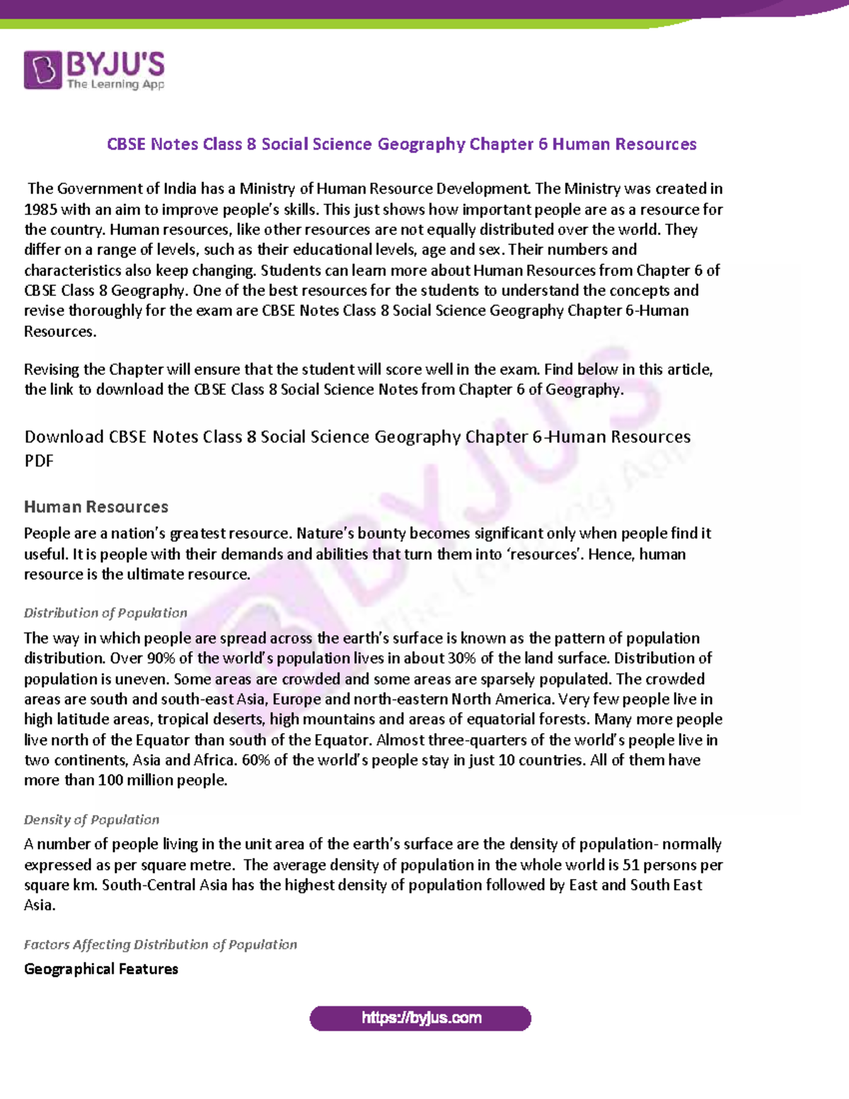 CBSE Notes Class 8 Social Science Geography Chapter 6 Human Resources