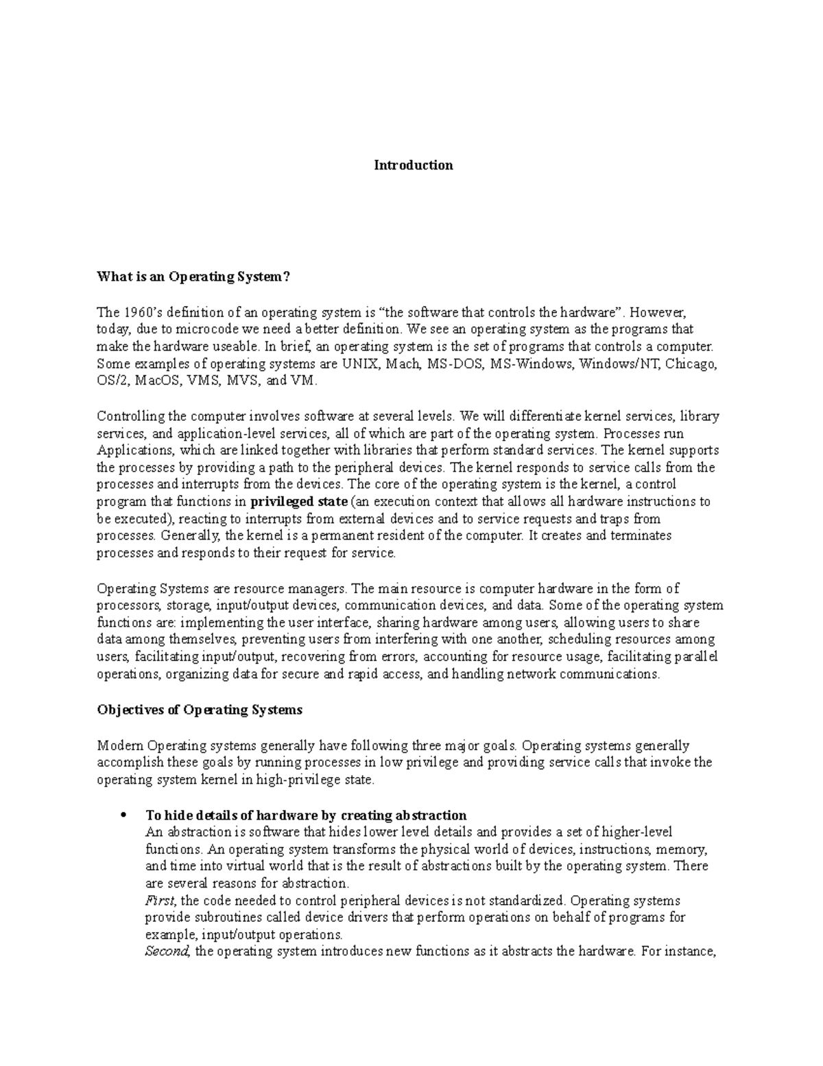 Os - OS Notes - Introduction What is an Operating System? The 1960’s ...