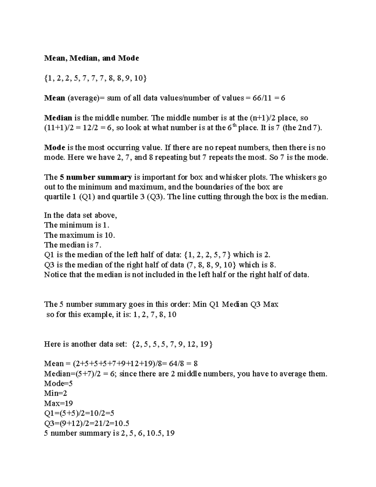 Mean Median Mode and 5 Number Summary Examples - Mean, Median, and Mode ...