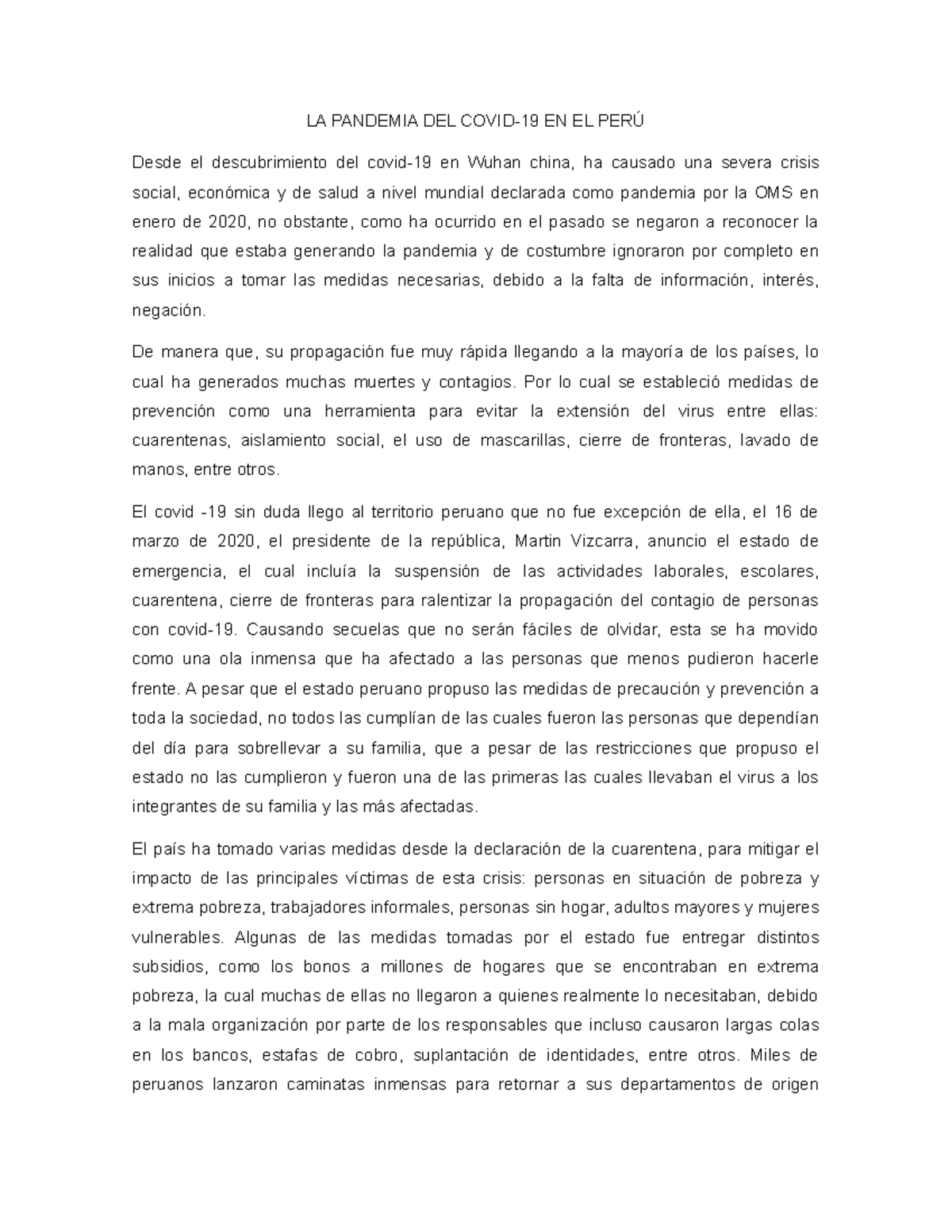 LA Pandemia DEL Covid 19 en el peru -avance de ensayo -tarea - LA ...