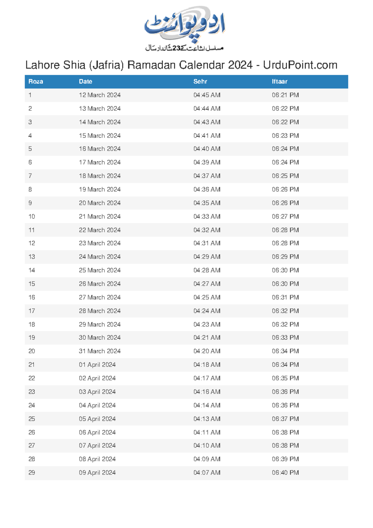 Lahore shia ramadan calendar 2024 urdupoint Roza Date Sehr Iftaar 1