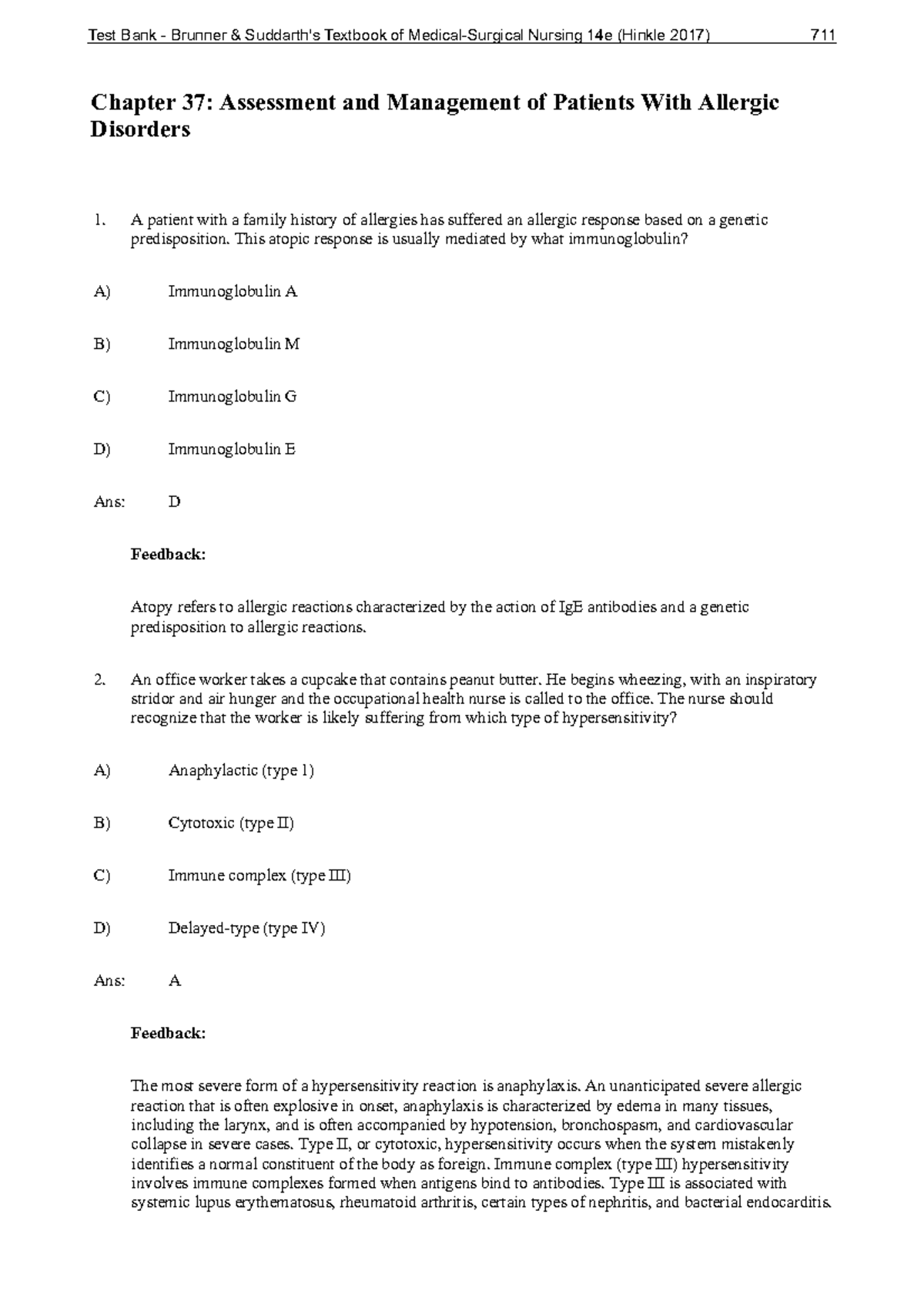 Ch 37 Test Bank Chapter 37 Assessment And Management Of Patients With Allergic Disorders A 