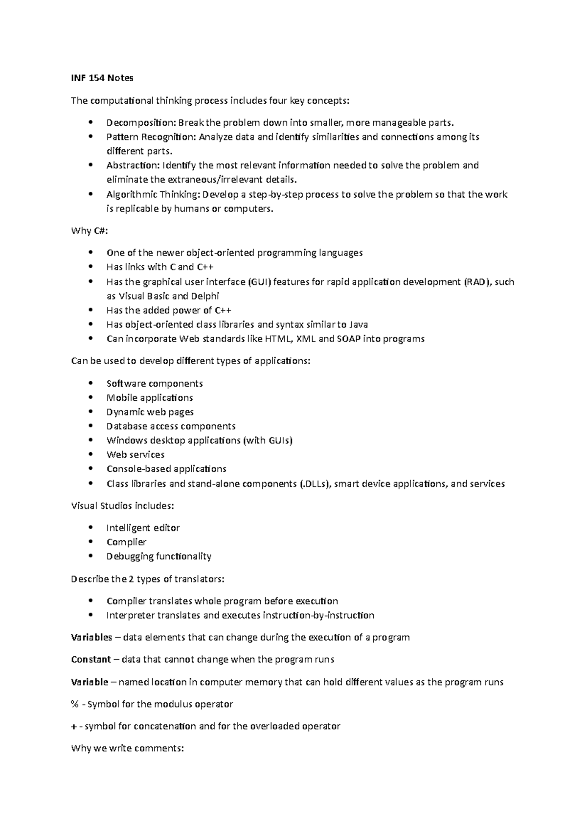 INF 154 Notes - INF 154 Notes The computational thinking process ...