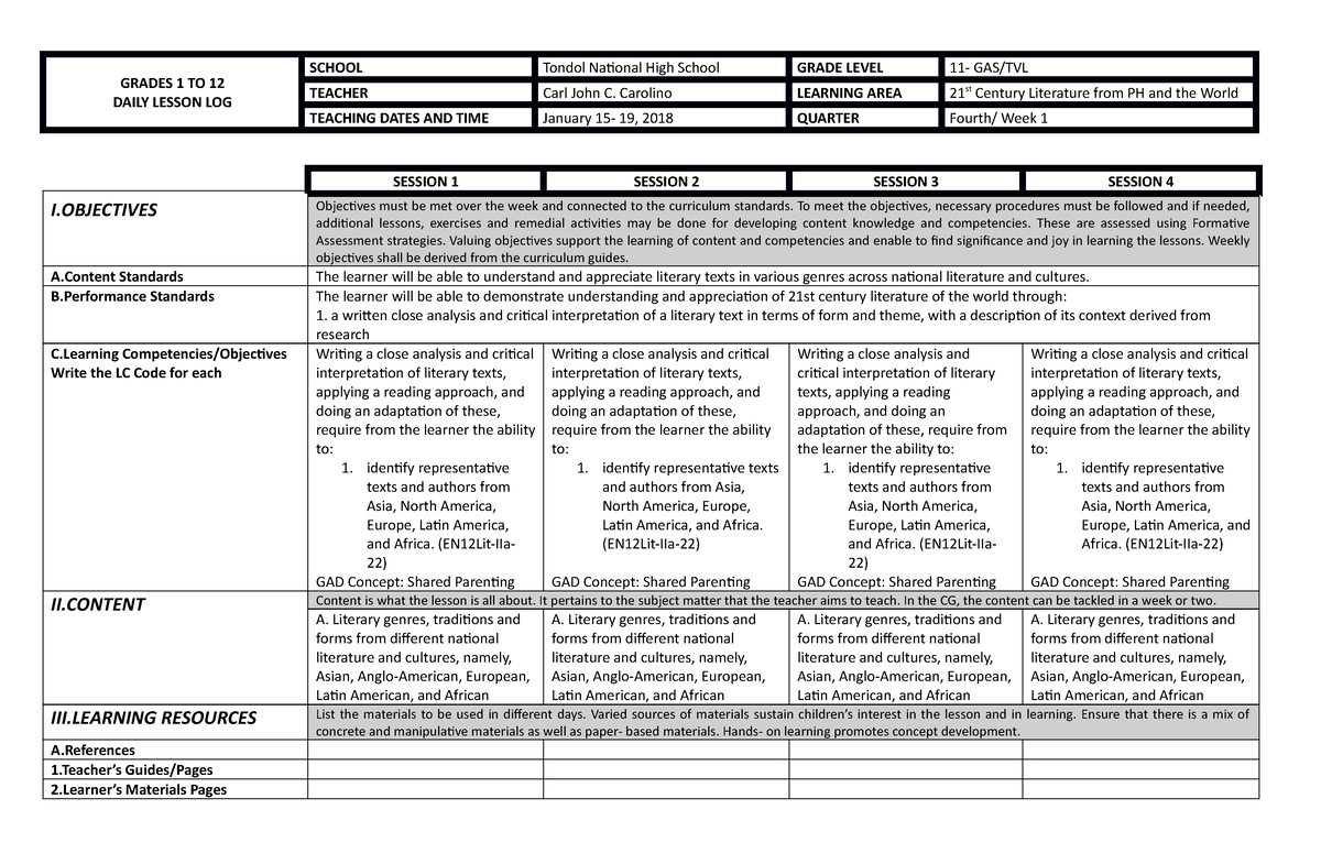 Q4 Week 1 21st CL - Daily lesson Log in 21st Century Literarture ...