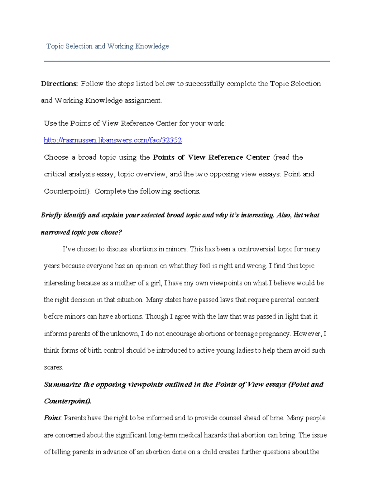 Topic Selection and Working Knowledge Worksheet - Topic Selection and ...
