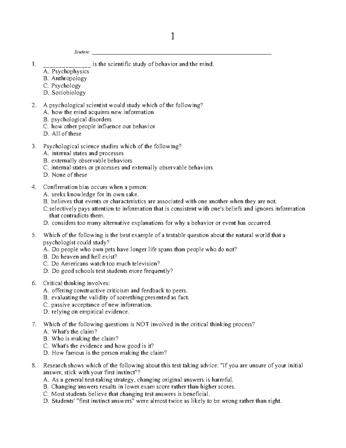 PSYC TEST BANK 1 - Practice FOR Midterm AND Final - 1 _Student: - Studocu