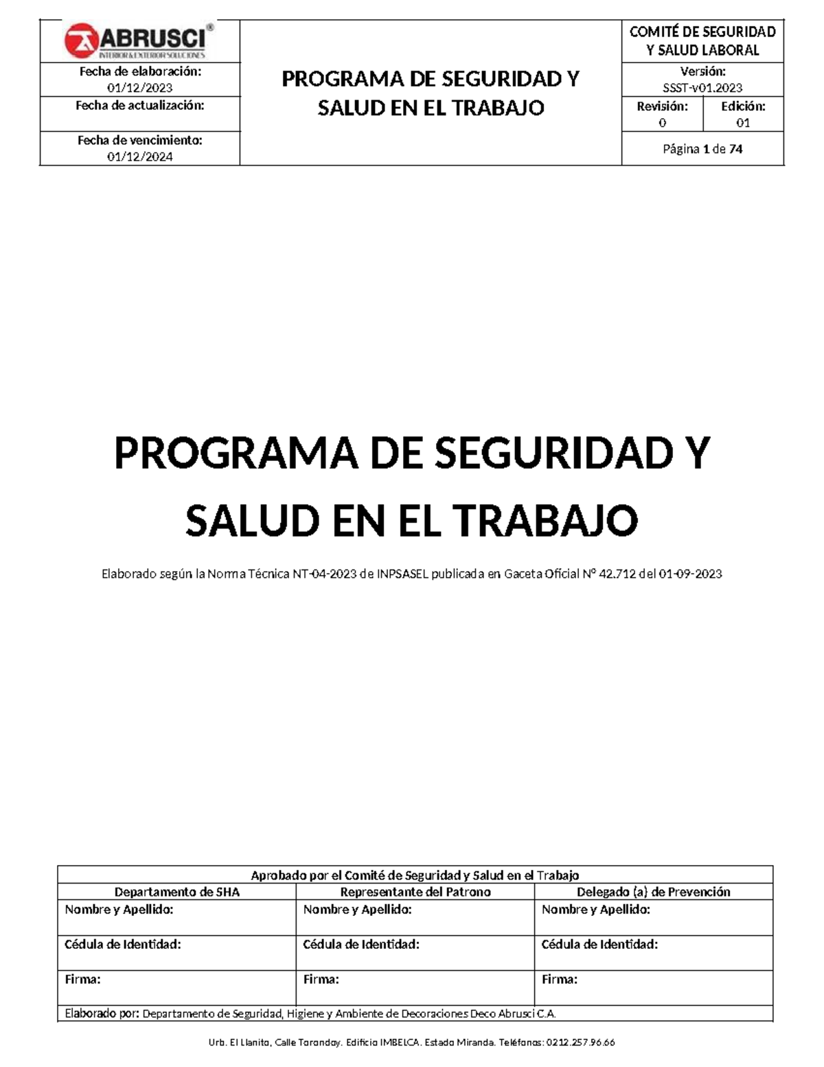 PSST 2023 - Programa - PROGRAMA DE SEGURIDAD Y SALUD EN EL TRABAJO Y ...